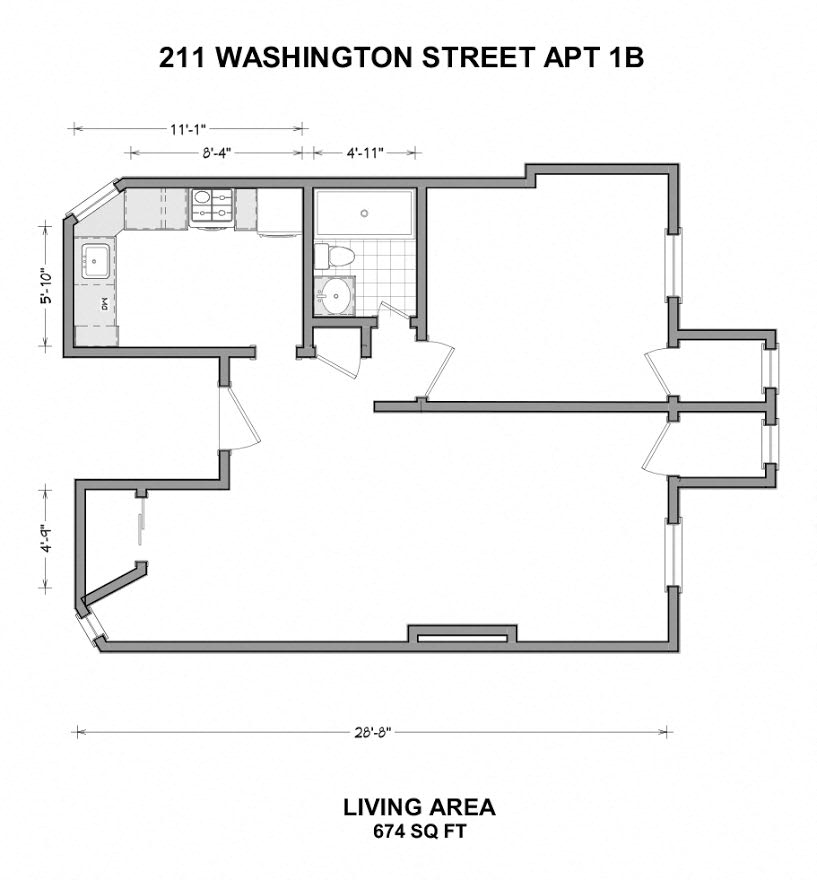Floor plan for 1 bed, 1 bath, 650 sqft
